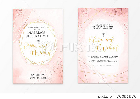 Wedding invitation template on dusty pink liquid watercolor background with golden lines and frame. Pastel blush marble alcohol ink drawing effect. Vector illustration of romantic card design Wedding invitation template on dusty pink liquid watercolor background with golden lines and frame. Pastel blush marble alcohol ink drawing effect. Vector illustration of romantic card design 76095976