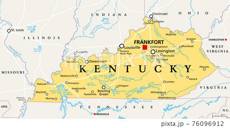Kentucky, KY, political map with capital Frankfort and largest cities. Commonwealth of Kentucky. State in the Southeastern region of the United States of America. Bluegrass State. Illustration. Vector 76096912