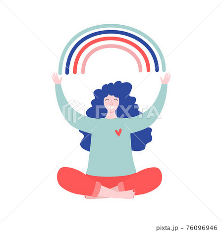 Happy woman sits in lotus pose and open her arms to the rainbow. Smiled girl creates good vibe around her. Smiling female character enjoys her freedom and life. Body positive and health care concept 76096946