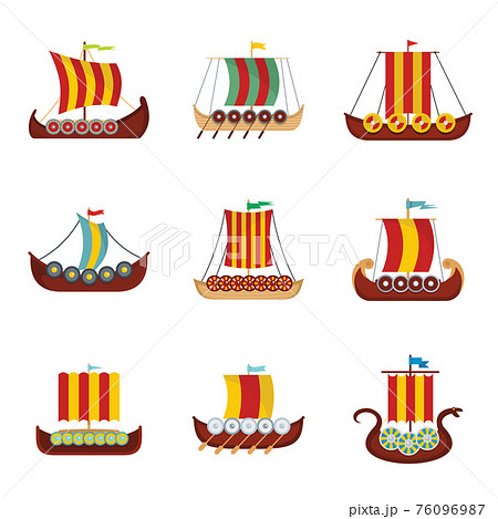 Viking ship boat drakkar icons set, flat style Viking ship boat drakkar icons set, flat style 76096987
