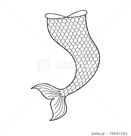 Hand drawn mermaid tail isolated on white background. Doodle element for sea party, greeting or invitation card. Design for clothing print. Outline vector illustration 76097261