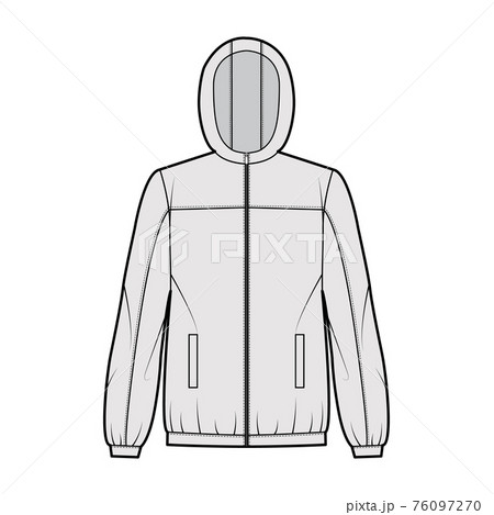 Windbreaker jacket technical fashion illustration with hood, oversized, long sleeves, welt pockets, zip-up opening Windbreaker jacket technical fashion illustration with hood, oversized, long sleeves, welt pockets, zip-up opening 76097270