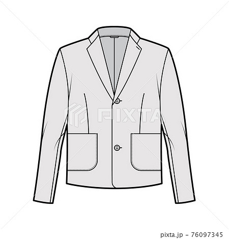 Blazer jacket suit technical fashion illustration with long sleeves, notched lapel collar, patch pockets, oversized body Blazer jacket suit technical fashion illustration with long sleeves, notched lapel collar, patch pockets, oversized body 76097345