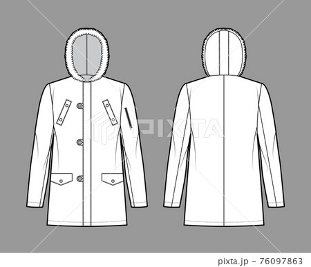N-3B flight parka technical fashion illustration with oversized, fur hood, long sleeves, flap pockets, button opening N-3B flight parka technical fashion illustration with oversized, fur hood, long sleeves, flap pockets, button opening 76097863