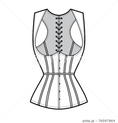 Corset gilet vest technical fashion illustration with sleeveless, Cord lacing back closure, slim fit, Whales apparel 76097864