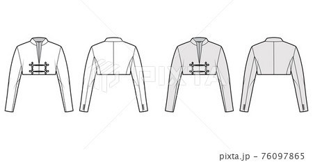 Spencer jacket technical fashion illustration with crop length, long sleeves, stand collar, button frog closure blazer 76097865