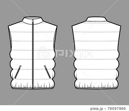 Down vest puffer waistcoat technical fashion illustration with sleeveless, collar, zip-up closure, pockets, oversized 76097866