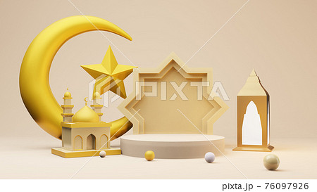 Crescent moon and stars golden with Mosque Islamic symbol 3D rendering 76097926