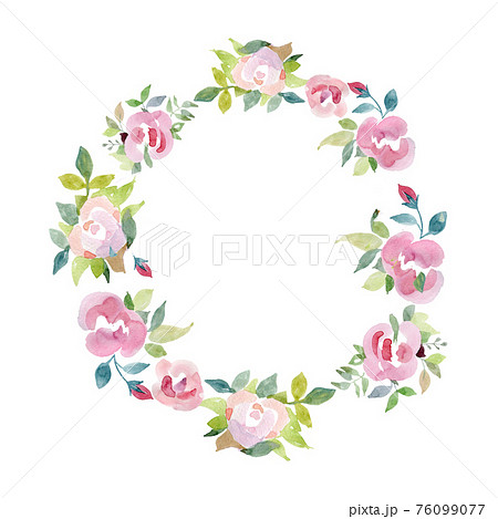 round frame wreath with pink roses, yellow flowers, branches, leaves and petals isolated on white background. flat lay, top view 76099077
