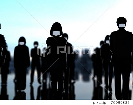 ソーシャルディスタンス　距離をおいて並ぶマスク姿の男女シルエット　CGイラスト 76099382