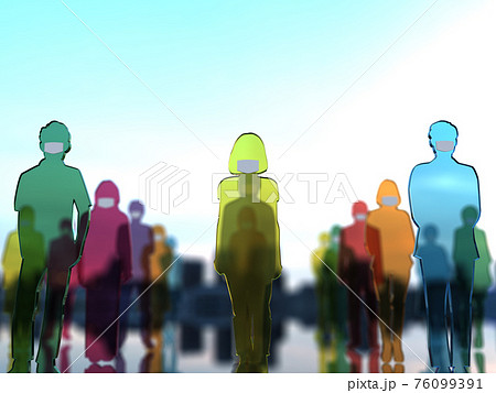ソーシャルディスタンス 距離をおいて並ぶマスク姿の男女シルエット CGイラスト ソーシャルディスタンス 距離をおいて並ぶマスク姿の男女シルエット CGイラスト 76099391