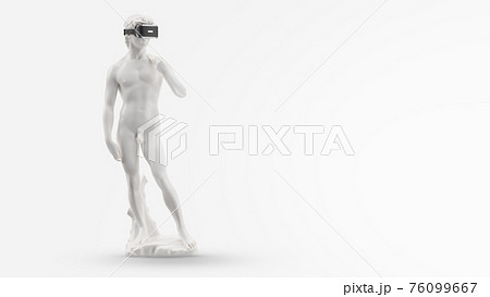 VR headset, future technology concept banner. 3d render of the white statue, man wearing virtual reality glasses on white background. VR games. Thanks for watching 76099667