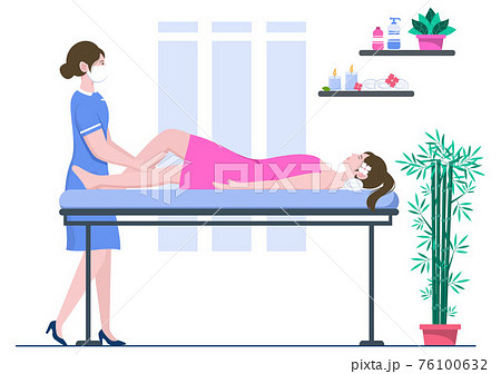 Massage Vector Illustration In Beauty Salon, Body Spa, Relaxation, Facial Essential And Skincare. Flat Design Massage Vector Illustration In Beauty Salon, Body Spa, Relaxation, Facial Essential And Skincare. Flat Design 76100632