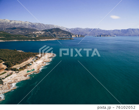 Ploce beach in Budva Riviera, Montenegro. Aerial photography Ploce beach in Budva Riviera, Montenegro. Aerial photography 76102052