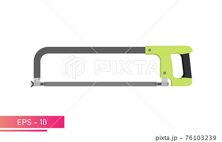 Metal hacksaw, with a convenient green handle. Realistic design. On a white background. Tools for workers. Flat vector illustration. 76103239