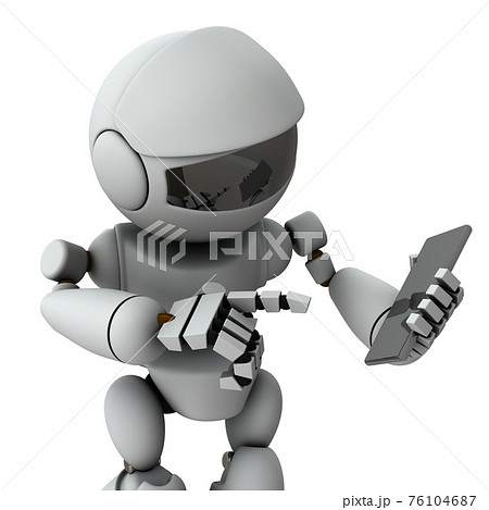 スマートフォンを操作する人工知能のロボット。ネットショッピング。3Dレンダリング。白バック。 76104687