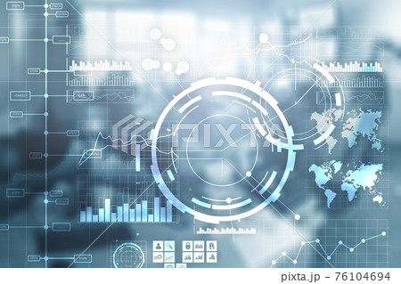 Corporate background. Business intelligence BI Key performance indicator KPI Analysis dashboard transparent blurred office background. 76104694
