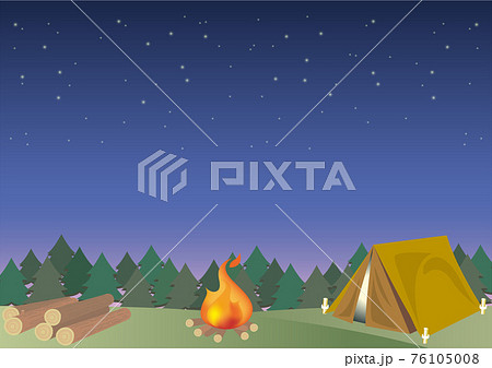 アウトドア ナイトキャンプファイヤー 夜の森のイラスト素材