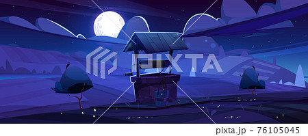 Old stone well with drinking water on green hill 76105045