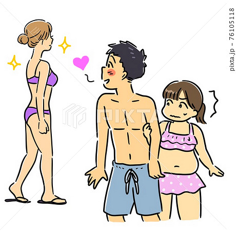 ビキニの美女に目移りする彼氏と焦る彼女のイラスト素材