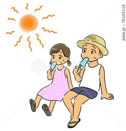 夏の日差しの下でアイスを食べる男の子と女の子のイラスト素材
