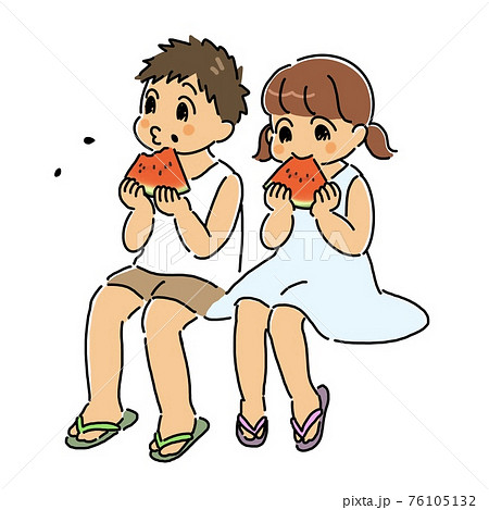 スイカを食べる男の子と女の子のイラスト素材