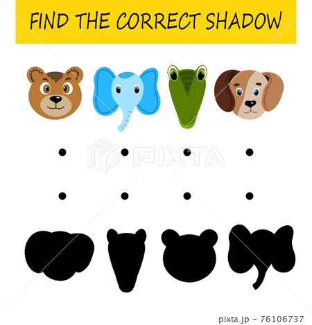 Find the correct shadow. Educational card for children. Cute animals. Logic game for kids. Home education. Colorful cartoon vector illustration. 76106737