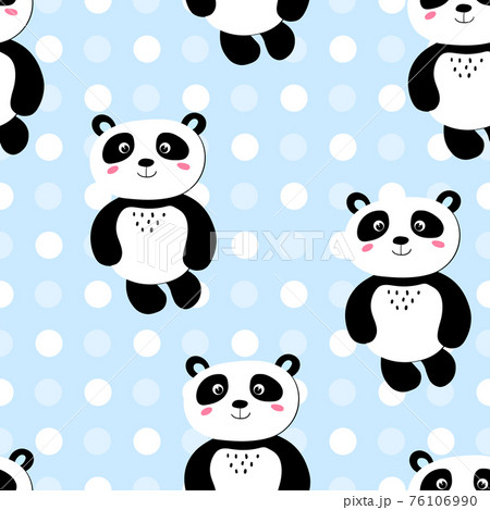 Seamless pattern with cute panda baby on color polka dots background. Funny asian animals. Card, postcards for kids. Flat vector illustration for fabric, textile, wallpaper 76106990