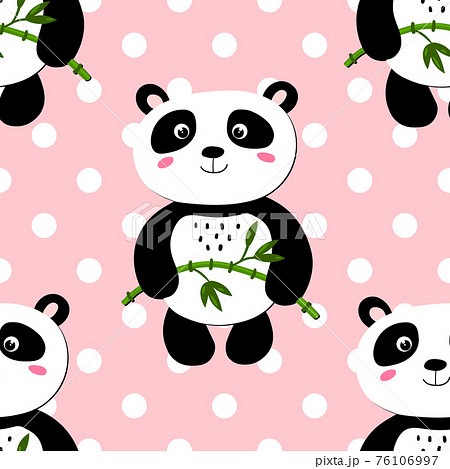 Seamless pattern with cute panda baby on color polka dots background. Funny asian animals. Card, postcards for kids. Flat vector illustration for fabric, textile, wallpaper 76106997