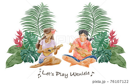 ウクレレを弾く男女の手描き水彩風イラストのイラスト素材