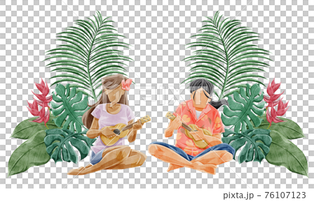 ウクレレを弾く男女の手描き水彩風イラストのイラスト素材