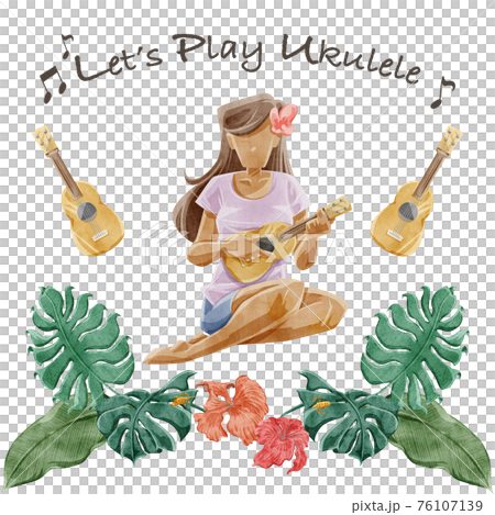 ウクレレを弾く女性の手描き水彩風イラストのイラスト素材