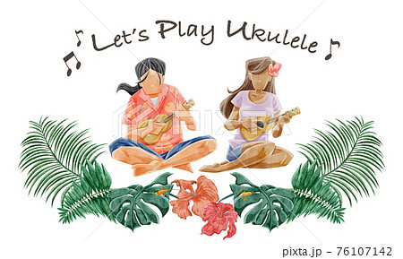 ウクレレを弾く男女の手描き水彩風イラストのイラスト素材