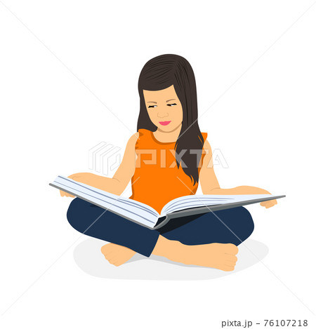 Little girl is reading a book while sitting. Distance learning. Home education. School girl girl doing homework. Child with a book in her hands. Bookcrossing. 76107218