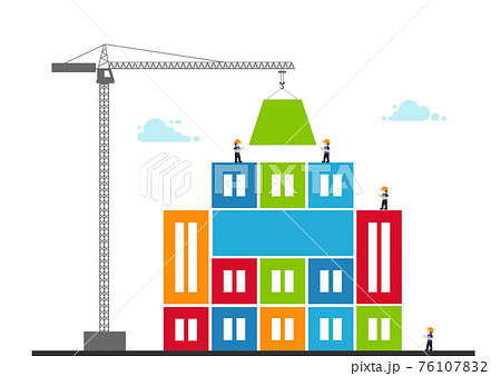 Tower crane made of colored blocks builds city. concept of building Tower crane made of colored blocks builds city. concept of building 76107832