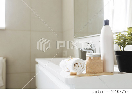 Washbasin in bathroom, bath accessories. Household, hotel cleaning concept Washbasin in bathroom, bath accessories. Household, hotel cleaning concept 76108755