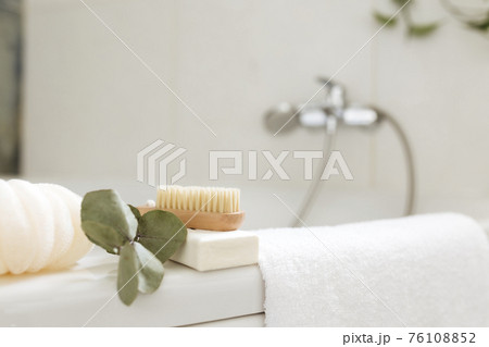 Washbasin in bathroom, bath accessories. Household, hotel cleaning concept Washbasin in bathroom, bath accessories. Household, hotel cleaning concept 76108852