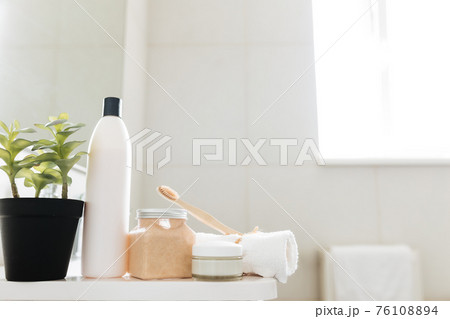 Washbasin in bathroom, bath accessories. Household, hotel cleaning concept Washbasin in bathroom, bath accessories. Household, hotel cleaning concept 76108894