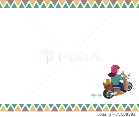 猫をのせてスクターを運転する女性を斜め後ろから描いたベクターイラストのフレームのイラスト素材