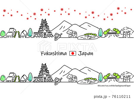 福島の街並みと新型コロナウイルスのシンプル線画セット 76110211