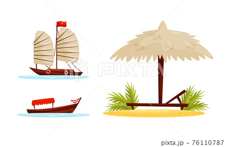 Vietnam Country Landmarks with Boat and Straw Beach Umbrella Vector Set Vietnam Country Landmarks with Boat and Straw Beach Umbrella Vector Set 76110787