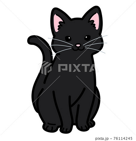 前を向いて座るシンプルで可愛い黒猫のイラスト 主線ありのイラスト素材