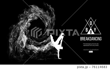 Abstract silhouette of a breakdancer, man, bboy, breaker, breaking on the dark black background from particles, dust, smoke. Hip-hop dancer. Background can be changed to any other. Vector illustration Abstract silhouette of a breakdancer, man, bboy, breaker, breaking on the dark black background from particles, dust, smoke. Hip-hop dancer. Background can be changed to any other. Vector illustration 76114683