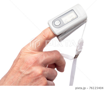 Person using pulse oximeter to check oxygen saturation tracking coronavirus symptoms at home 76115404