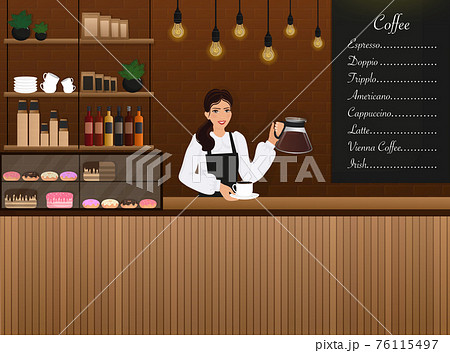 Flat character coffee shop barista. Vector illustration flat design. Vector infographic illustration. Cartoon male barista or waiter standing near menu board. 76115497