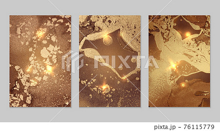 Set of marble patterns. Brown and gold geode textures with glitter 76115779