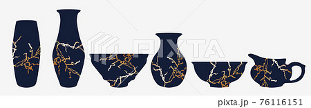 Repaired Japan vase kintsugi art color sketch engraving illustration. Scratch board style imitation. 76116151