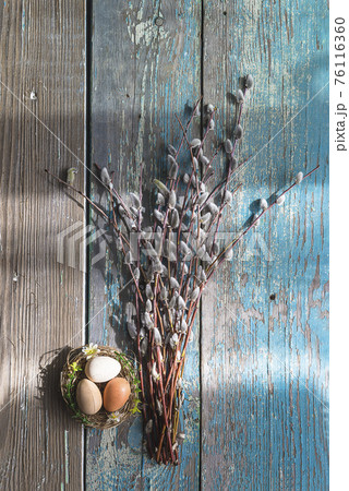 Easter holiday greeting card. Bouquet of willow and bird nest with eggs on old blue paint wooden background 76116360