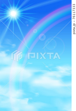 青空と虹と太陽の日差しと雲の雨上がりなベクターイラスト背景 風景 幻想的 ファンタジー のイラスト素材