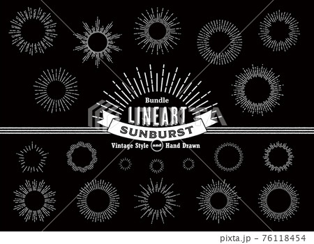 レトロな円形、放射状の飾り罫。シンプルな手書きのフレーム。ラインアート。レトロなデザインに最適。 76118454